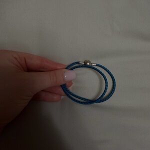Pandora Blue Braided Leather Double-Wrap Bracelet with Silver Bead Clasp